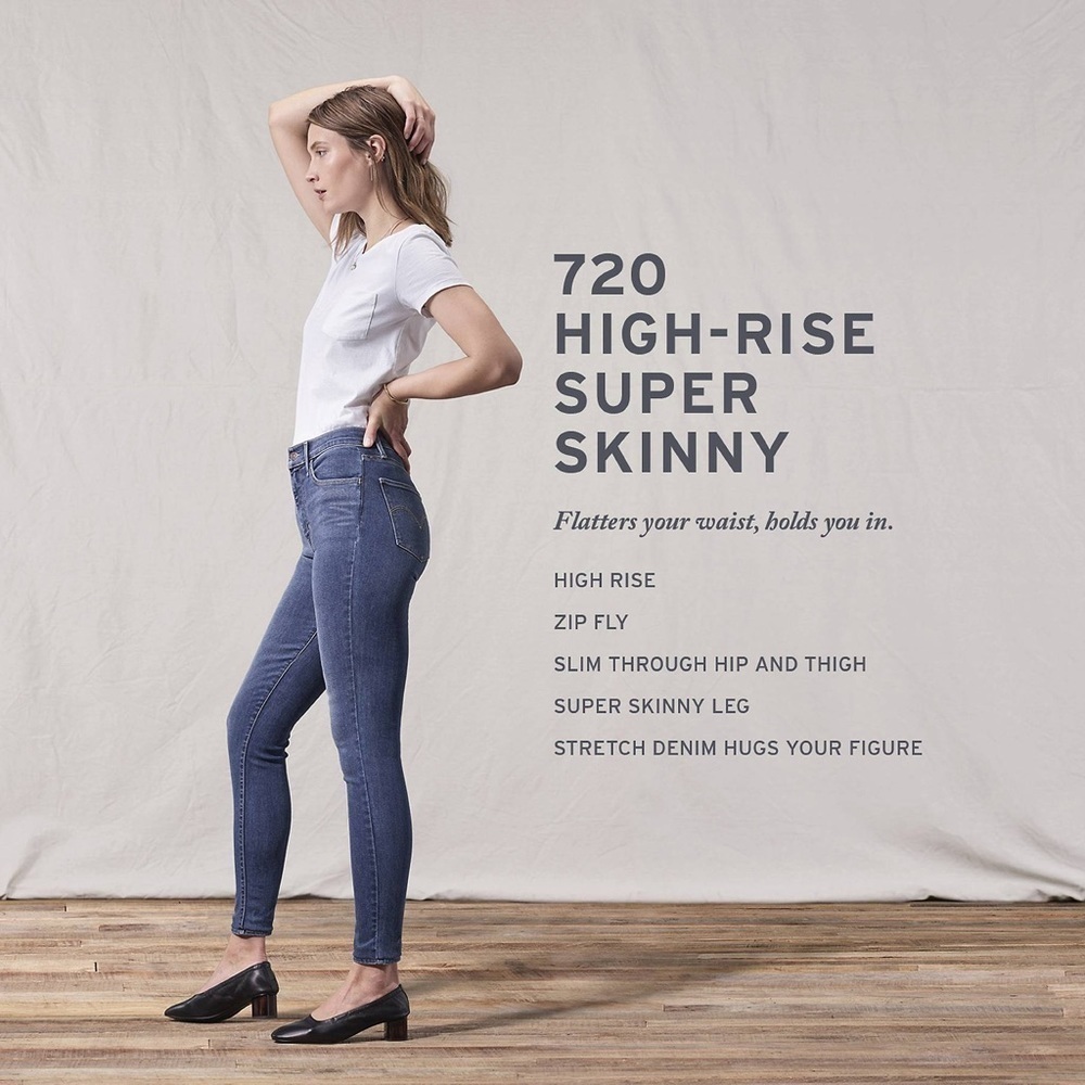 Levi’s 720 High Rise Super Skinny Mid Wash Blue Denim Jean Size 27​​​​​​…​